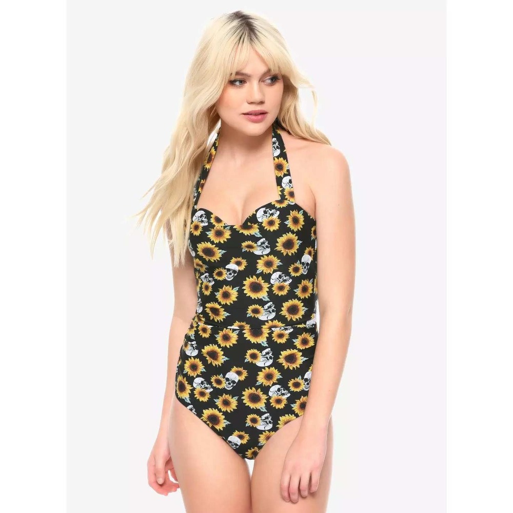 NWT Hot Topic Sunflowers & Skulls Halter One Piece Swimsuit Size Medium